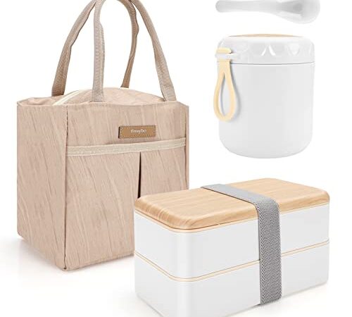 Achort Lunch Box, Boîte Bento Japonaise Hermétique 2 Étages 1200ML avec Couverts avec Tasse à soupe 400ML avec sac à lunch isolé, icro-ondes & Lave-vaisselle, Zéro Déchet, Sans BPA