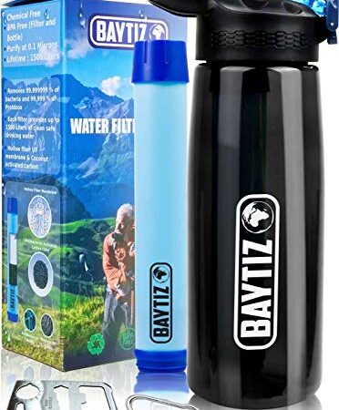 Baytiz | Gourde Filtrante + Paille de Survie au Charbon Actif - Bouteille Filtre à Eau Nomade : Voyage Randonnée Trek Camping Kit Purificateur Réutilisable + Boussole Plastique Sac Pluie Catastrophe