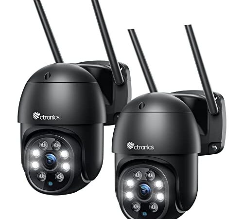 Caméra Surveillance WiFi Extérieure 1080P Ctronics PTZ Caméra IP Vision Nocturne Couleur 30M Détection Humaine Suivi Automatique 355° 90° Audio Bidirectionnel IP66 Étanche Slot Carte SD (2 Pack)