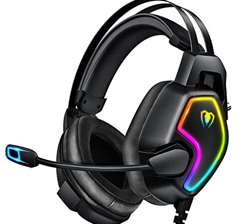 Casque Gaming pour PC PS4 PS5, Casque Gamer Pro Ultralight LIGHTSYNC RVB avec Bandeau Suspendu Antibruit Flexible Microphone Coupure du Micro