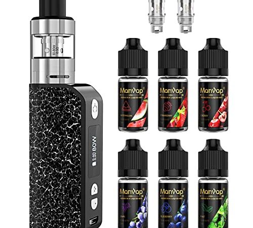 Manvap Cigarette Électronique Kit Complet- 80W GENT Vape E Cigarettes Électroniques Avec 6x10ml E liquide, 0.3Ohm d'Atomiseurs, Top Fill Atomiseur 2ml, Sans Nicotine