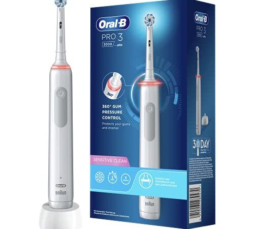 Oral-B Pro 3000 Brosse À Dents Électrique Rechargeable Avec 1 Manche Capteur De Pression Et 1 Brossette Sensitive Clean, Technologie 3D, Élimine Jusqu’À 100 % De Plaque Dentaire