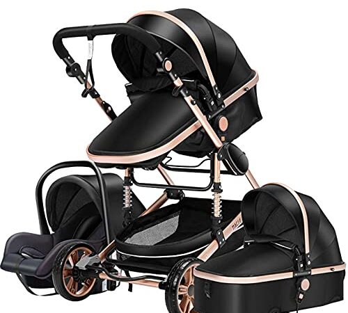 Poussettes Combinées Poussette 3 en 1 Tricycle Baby Walker Poussette Haute Paysage Poussettes Pliantes Trolley Bébé Landau pour Bébé 0-36 Mois (Black gold)