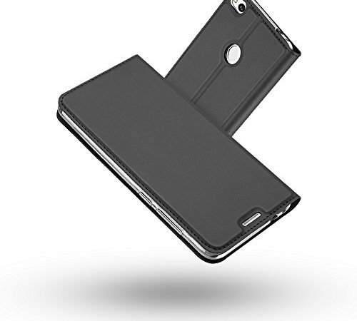 RADOO Coque Huawei P8 Lite 2017, Ultra Mince en Cuir PU Premium Housse à Rabat [Antichoc TPU] Étui de Protection Bumper Folio à Clapet avec [Fermoir Magnétique] pour Huawei P8 Lite 2017 (Gris-Noir)