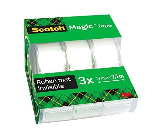 Scotch Magic Tape, Rouleaux de Ruban Adhésif Transparent avec Dévidoir, Lot de 3, Ruban de 7,5 mm x 3 mm - Idéal pour le Bureau et l'École