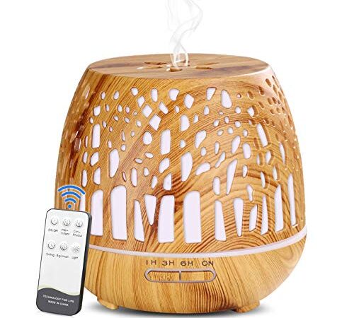 Simpeak Diffuseur d'Huiles Essentielles 400ml, Télécommande d'humidificateur Ultrasonique Sans BPA avec Lumière LED à Couleurs Variables 3 Minuterie pour la Maison/Yoga/Bureau/SPA - Bois