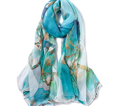 STORY OF SHANGHAI Femme Foulard 100% Soie Imprime Floral Colore Grande Echarpe Chale Ultra-Leger Respirant Elegant 175 x 110CM, Bleu Yhh06, Taille unique