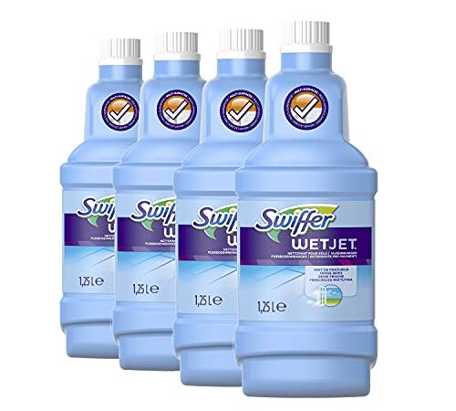 Swiffer WetJet Original Nettoyant Sol pour Serpillères, Pack de 4 (4 x 1.25L), Liquide Désinfectant Multi-surfaces, Vent de Fraicheur