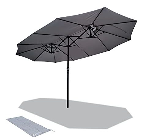 vounot Parasol de Jardin Double Aluminium 270 x 460cm avec Manivelle, Toile 180 GR/m2 Protection Solaire Hauteur 2m50 Résistant à l'eau Housse de Protection Inclus Gris Claire