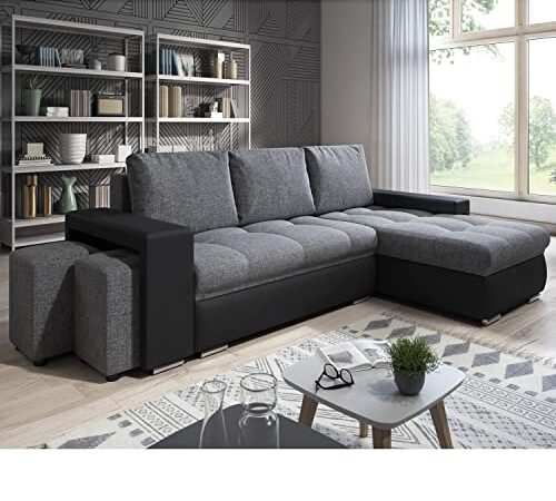 Canapé d'angle Simon 255 cm - Convertible et réversible avec Coffre - 3 Places - Simili Noir/Tissu Gris + 2 poufs