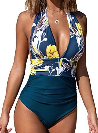 CUPSHE Femme Maillot de Bain Col V Dos Nu Maillot de Bain Une Pièce Indigo Bleu L