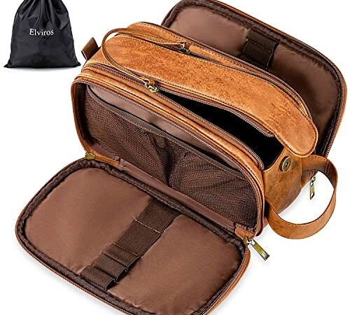 Elviros Trousse de Toilette pour Homme avec Grande Capacité, Trousse de Maquillage avec Imperméable PU, avec Sac Étanche, 24 x 15 x 16 cm, Marron