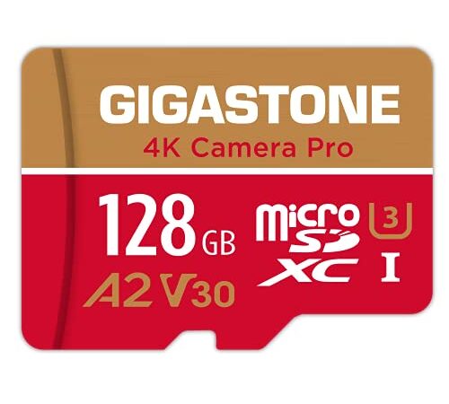 Gigastone Carte Mémoire 128 Go 4K Caméra Pro Série, Compatible avec Nintendo Switch GoPro, Vitesse de Lecture allant jusqu'à 100 Mo/s. pour 4K UHD Vidéo, A2 U3 V30 Carte Micro SDXC avec Adaptateur SD.