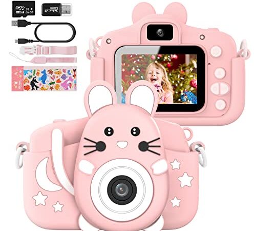 Hangrui Appareil Photo pour Enfant,2.0 Pouces Enfant Appareil Photo Numérique,16M/1080P Caméra avec Objectif Avant et Arrière,32G SD Carte, Lecteur de Cartes,Ligne USB,Autocollant -Rose