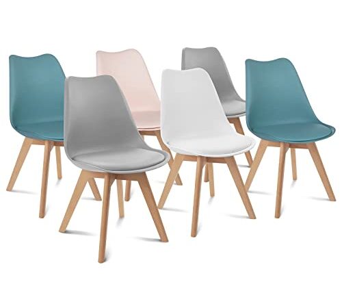 IDMarket - Lot de 6 chaises SARA Mix Color Pastel Rose, Blanc, Gris Clair x2, Bleu x2