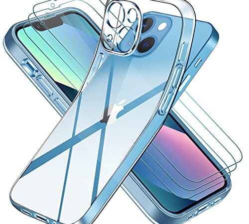 iVoler Clair Coque Compatible avec iPhone 13, et 3 pièces Verre Trempé, Protège la Lentille Ultra Transparent Étui de Protection en Silicone Antichoc Mince Souple TPU Bumper Housse