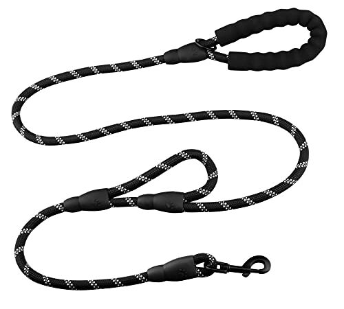 Laisse Chien, 180cm Durable Laisse Chien avec Poignée Double et Fils Réfléchissants pour Chiens Petits Moyens et Grands Marche et Courir (Noir)