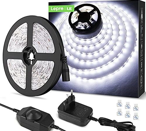 Lepro 5M Ruban LED 1200LM Blanc Froid Dimmable, 12V 6000K 300LEDs 2835, Bande LED Autocollant avec Variateur, Connecteurs+Transformateur, Eclairage Intérieur pour Meuble, Escalier, Chambre, Cuisine