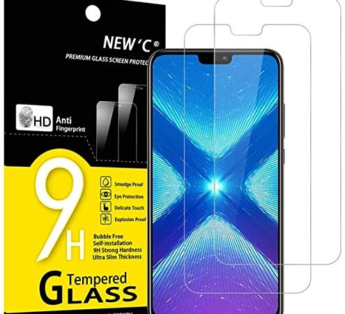 NEW'C Lot de 2, Verre Trempé pour Honor 8X, Film Protection écran sans Bulles d'air Ultra Résistant (0,33mm HD Ultra Transparent) Dureté 9H Glass