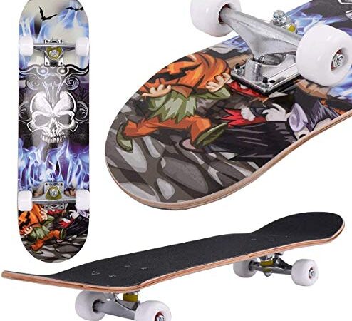 Oppikle Skateboard complet avec roulements à billes ABEC-9 et 9 couches d'érable 95A Dureté des roulettes Funboard pour débutants et professionnels Charge maximale 100 kg, Tête de mort.