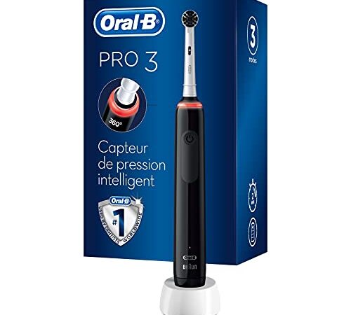 Oral-B Pro 3 3000 Brosse À Dents Électrique Rechargeable Avec 1 Manche Capteur De Pression Et 1 Brossette , Noir, Élimine Jusqu’À 100 % De Plaque Dentaire