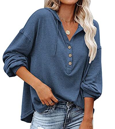 PLOKNRD Sweat à Capuche Femme Boutonné Pull Léger pour l'Automne XL,Bleu Marin