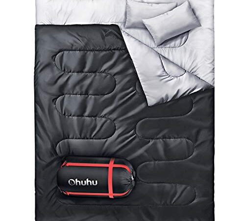 Sac de Couchage, Ohuhu Double Sac de Couchage Sac de Couchage 2 Places 220 * 150cm 3KG/3.5kg Duvet Double Détachable avec 2 Oreillers 0 ° C ~ 10 ° C / -5 ° C~ 10 ° C, Adulte