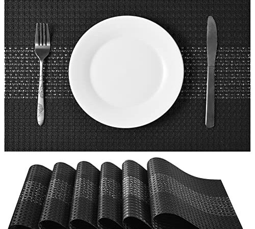 Set De 6 Sets De Table en Vinyle PVC Lavable, Résistant à La Chaleur, Antidérapant, Antitache Napperon en Plastique pour Cuisine Ou Salle à Manger 45 x 30 cm (Noir)