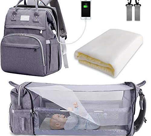 SNDMOR sac à langer pour bébé sac à dos, sacs à langer grande capacité, sac à langer de voyage portable avec lit pliable, sac à dos pour lit bébé (gris)