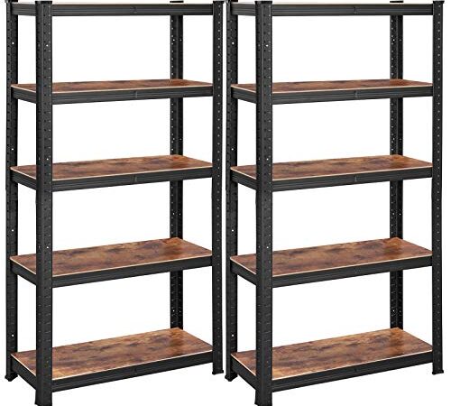 SONGMICS Étagère Charge Lourde à 5 Niveaux, Lot de 2, 150 x 75 x 30 cm, Capacité 400 kg (80 kg/Niveau), Style Industriel, Planches Réglables, pour Salon, Cuisine, Noir et Marron Rustique GLR030B02