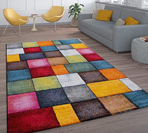 Tapis De Salon À Poils Ras Design Carreaux Coloré Carré Multicolore Coloré, Dimension:160x230 cm