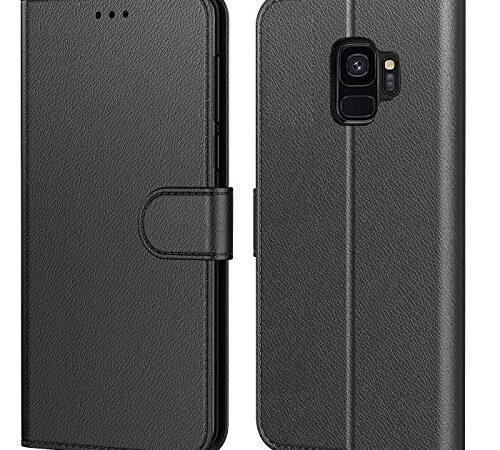 Tenphone Etui Coque pour Samsung Galaxy S9, Protection Housse en Cuir PU Portefeuille Livre,[Emplacements Cartes],[Fonction Support],[Languette Magnétique] pour (Galaxy S9 (5,8 Pouces), Noir)