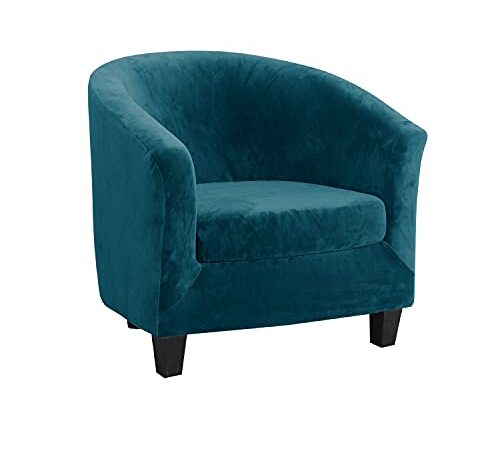 Topchances Velours Housse de Fauteuil Club Ensemble de Deux Pièces Housse de Fauteuil Extensible Housse Fauteuil Salon Fauteuil Cabriolet Tub Chair avec Housse de Coussin (Paon Bleu)