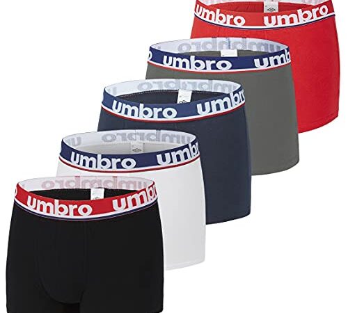 UMBRO Calecon Boxer Homme Coton Uni (Lot de 5), Noir, Rouge, Blanc, Bleu Taille L