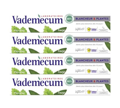 Vademecum - Dentifrice - Blancheur et Plantes - Menthe et Sauge - Dents plus blanches dès 10 jours - 98% d'ingrédients d'origine naturelle - Formule végane - Tube de 75 ml - Lot de 4