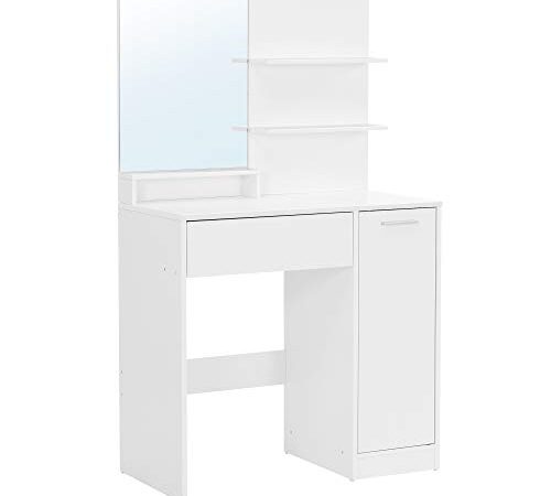 VASAGLE Coiffeuse, Table de Maquillage, avec Miroir, 1 tiroir, 2 étagères, Placard de Rangement, Organisateur de Maquillage, Blanc RDT119W01