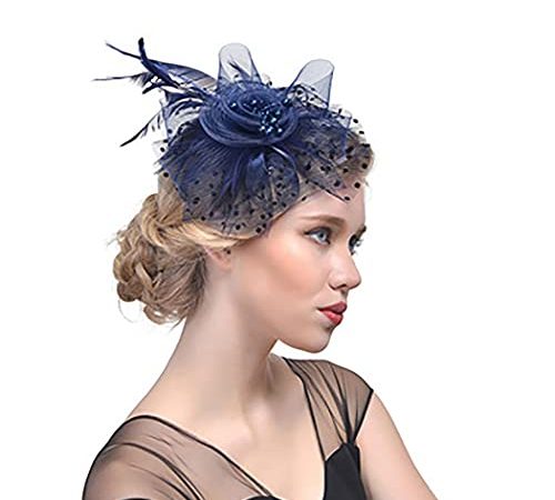 Fashband Chapeau bibi en maille avec plumes et pince à cheveux - Motif floral bleu - Accessoire de cheveux de mariage pour femmes et filles