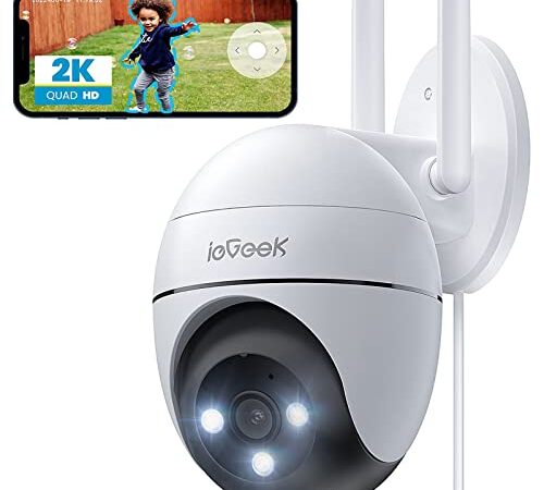 ieGeek 2K Camera Surveillance WiFi Exterieure, 360° Camera IP, Vision Nocturne Couleur, Détection Humaine, Audio Bidirectionnel, Sirène et Alarme Lumineuse, Pan 355°/Tilt 120°, Stockage Cloud