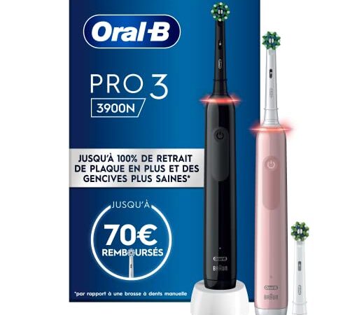 Lot de 2 Oral-B Pro 3 3900N, Noir et rose Brosses À Dents Électriques, 3 Brossettes, conçu par Braun