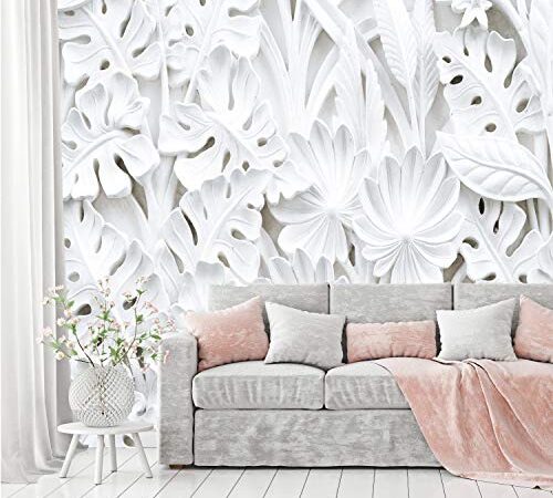 murimage Papier Peint Fleurs 3D 366 x 254 cm colle inclus Photo Mural Blanc Plantes Florale Stuc Trompe l'Oeil Luxe Noble Salon Chambre wallpaper