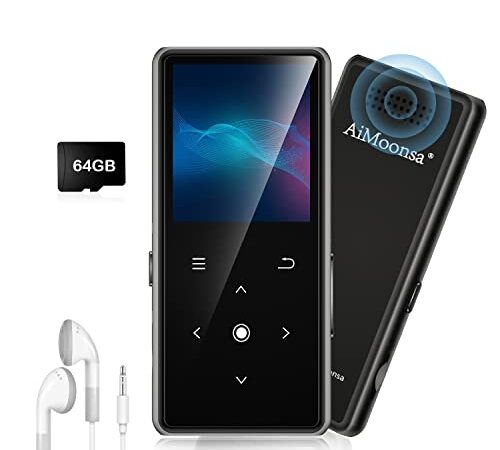 AiMoonsa Lecteur MP3 64 Go avec Bluetooth 5.2, Lecteur de Musique AiMoonsa avec Haut-Parleur HD intégré, Radio FM, enregistreur Vocal, Son HiFi, Fonction E-Book, écouteurs Inclus