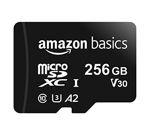 Amazon Basics - Carte Mémoire MicroSDXC, 256 Go, avec Adaptateur SD, A2, U3, vitesse de lecture maximale de 100 Mo/s, Noir