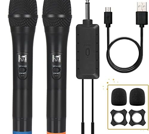 Microphone sans Fil ALLWIN, 192KHZ/24-Bit Dual Handheld Dynamic Microphone Set, Système de Microphone Dynamique sans Fil UHF Professionnel, Récepteur amplificateur Vocal Rechargeable (Black)