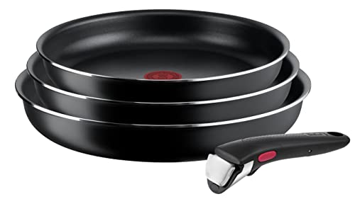 Tefal Ingenio Easy On Lot de 3 poêles de 22/24/26 cm, antiadhésifs, revêtement titane, thermosignal, poignée amovible, passe au lave-vaisselle et au four, ne convient pas à induction.