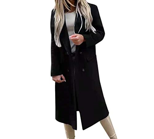 Veste Femme Mode Trench Manteau Long en Laine avec Double Rangée Manteau Lapel Coat Élégante Veste Coton Femmes Manteau Hiver Chaud Vestes, Noir , XL