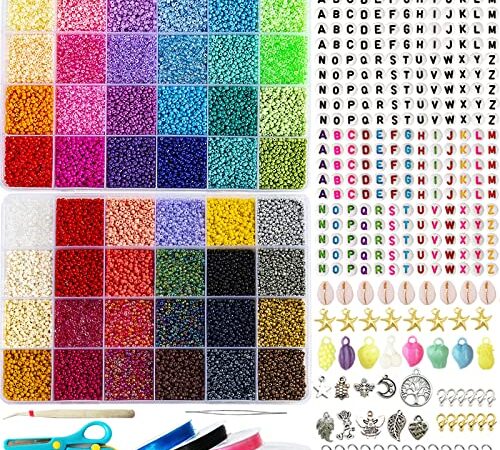 36551pcs 48 Couleur 2mm Perles de Rocaille en Verre pour Bracelet,Kit Perles pour Bijoux Enfant Adulte avec Lettres Fil Élastique Breloques pour Colliers Boucles d'Oreilles la Décoration de Bricolage