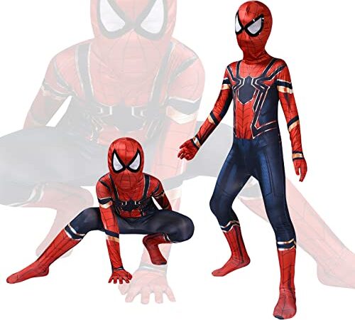 Aomig Deguisement Spider enfant, Costume super héros aver Masques Cadeau Garçon Fille, Costume Body Costume Decoration pour Anniversaire Halloween Cosplay Carnaval (120CM)