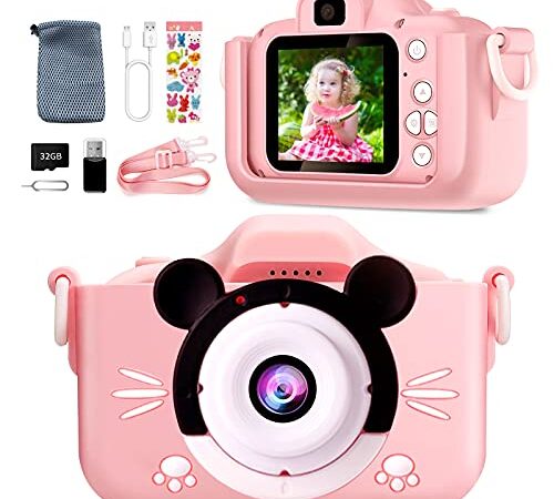 Appareil Photo Enfant-Mini Caméra Numérique Rechargeable Caméscope Photo Vidéo Cadeau pour Filles et Garçons de 3 à 12 Ans,avec 32G Carte/1080P HD/Coque en Silicone Résistant aux Chocs(Rose)