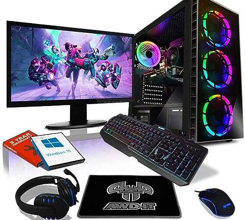 AWD-IT Ensemble Gaming PC - Processeur AMD Ryzen 4300G à 4 cœurs • Écran LED 22"• Clavier et Souris Gamer • 16 Go 3200MHz • 1 to • Étui à LED Bleue • WiFi • Windows 11