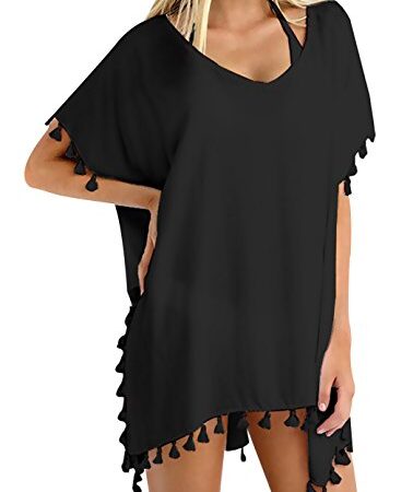 Femmes Mousseline de Soie Gland Maillot de Bain Cache-Maillots de Bikini Plage Couvrir Robe Maillot de Bain, A- Noir, Taille unique